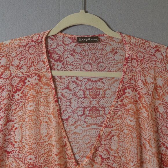 Tommy Bahama Shirt Womens Large Pink Blue Tunic Cover Up Boho Floral Print Sheer - Picture 2 of 7